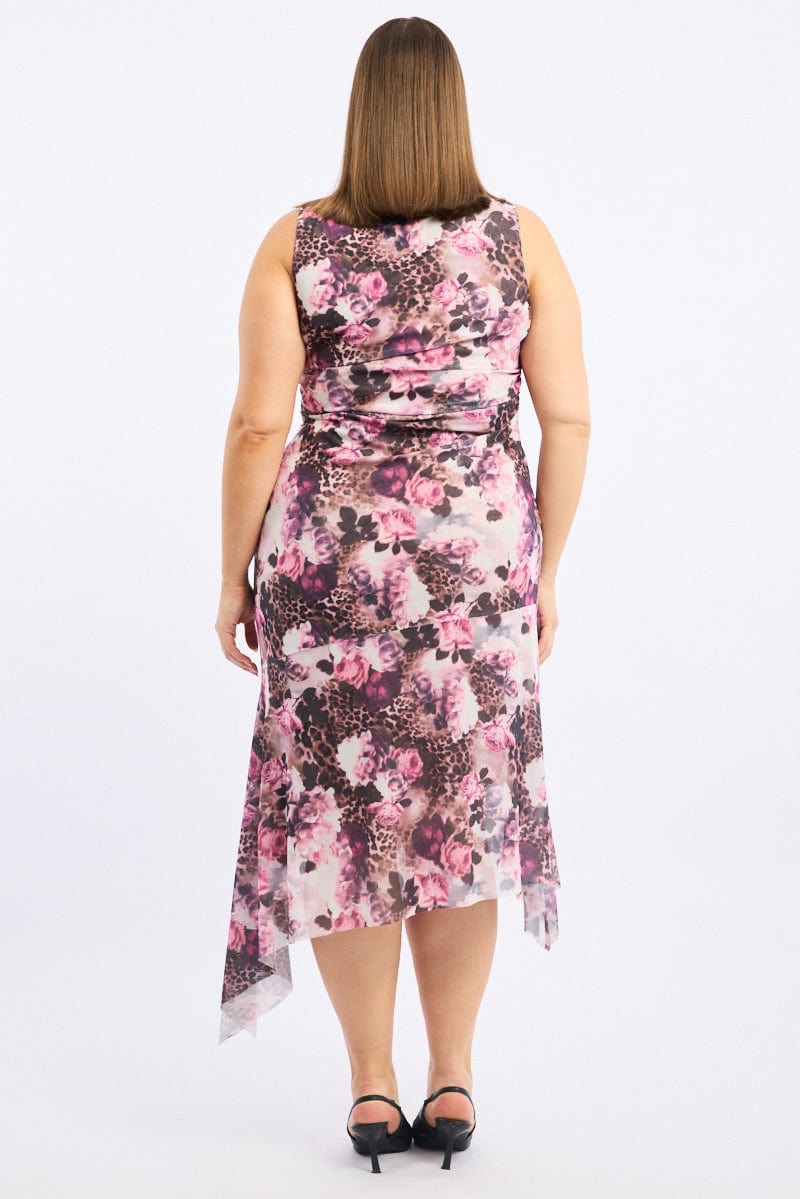 Brown Animal Print Midi Dress Sleeveless Mesh Hanky Hem for YouandAll Fashion