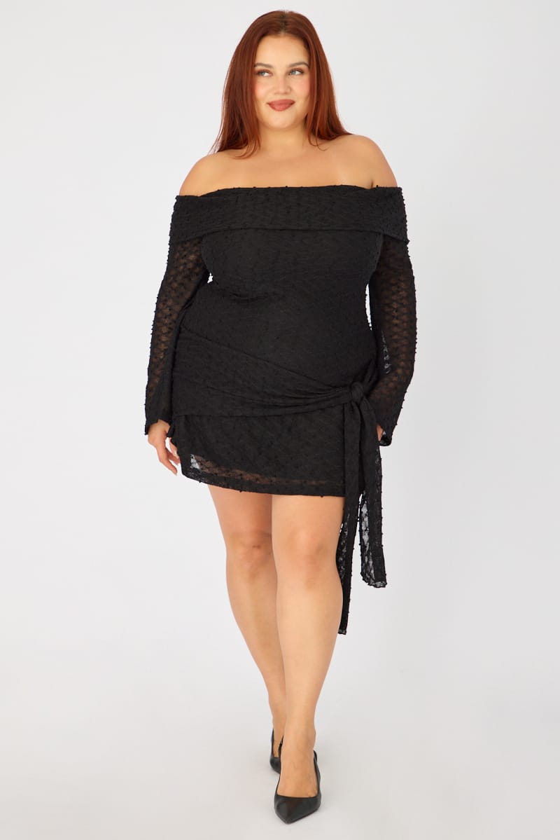 Black Skater Dress Long Sleeve Off Shoulder Tie Front for YouandAll Fashion