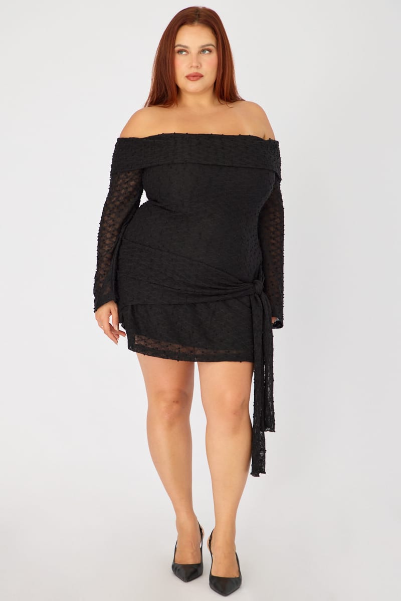 Black Skater Dress Long Sleeve Off Shoulder Tie Front for YouandAll Fashion
