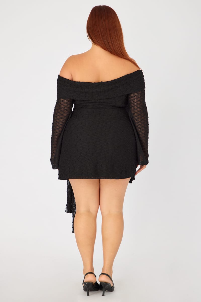 Black Skater Dress Long Sleeve Off Shoulder Tie Front for YouandAll Fashion