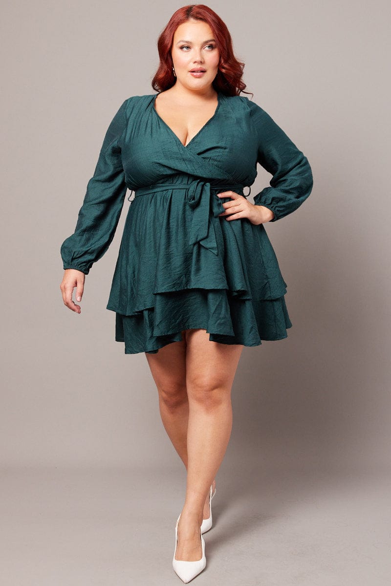 Green Tiered Cross Front Mini Dress for YouandAll Fashion