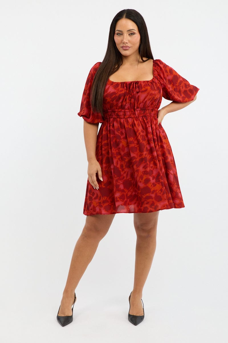 Red Floral Scoop Neck Tie Front Gather Minidress for YouandAll Fashion