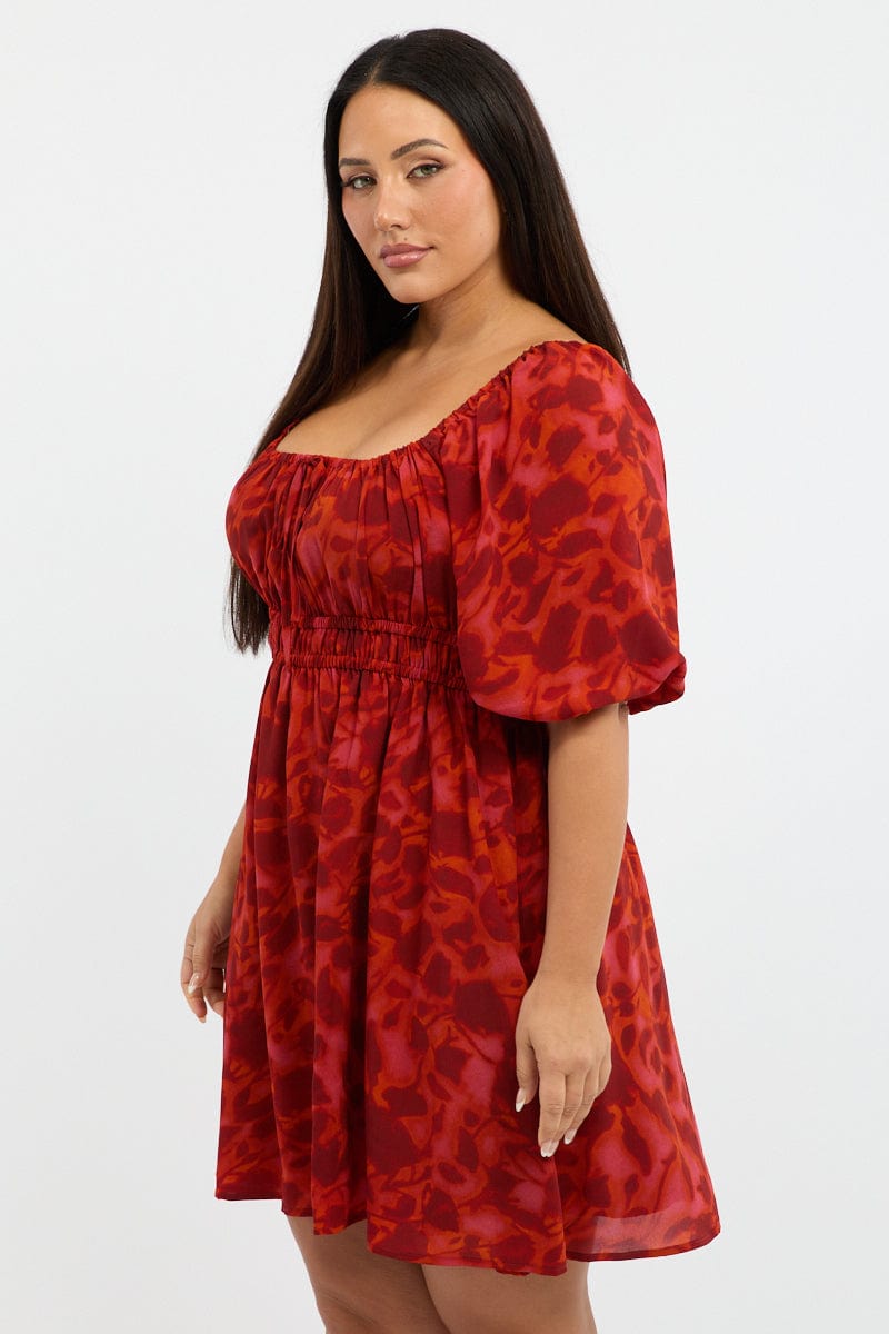 Red Floral Scoop Neck Tie Front Gather Minidress for YouandAll Fashion