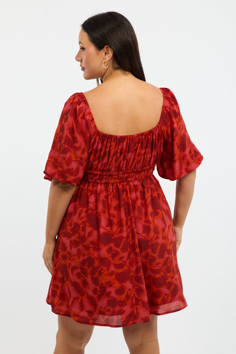 Red Floral Scoop Neck Tie Front Gather Minidress for YouandAll Fashion