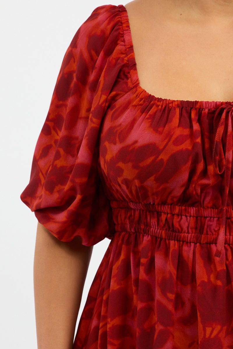 Red Floral Scoop Neck Tie Front Gather Minidress for YouandAll Fashion