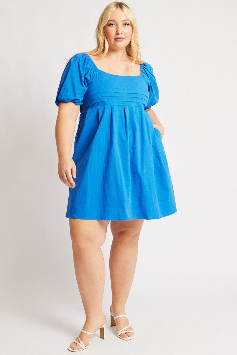 Blue Cotton Poplin Pleated Square Neck Minidress for YouandAll Fashion