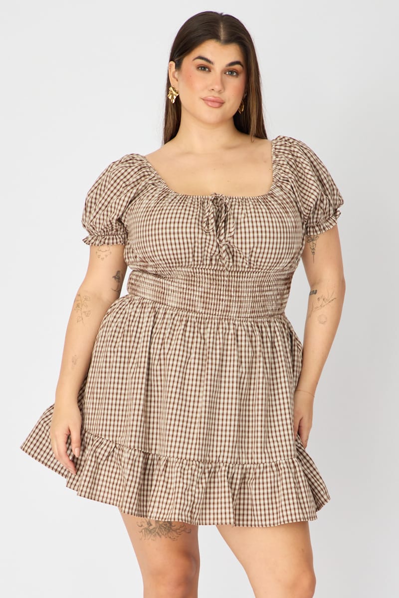 Brown Check Skater Dress Short Sleeve Ruched Bust for YouandAll Fashion