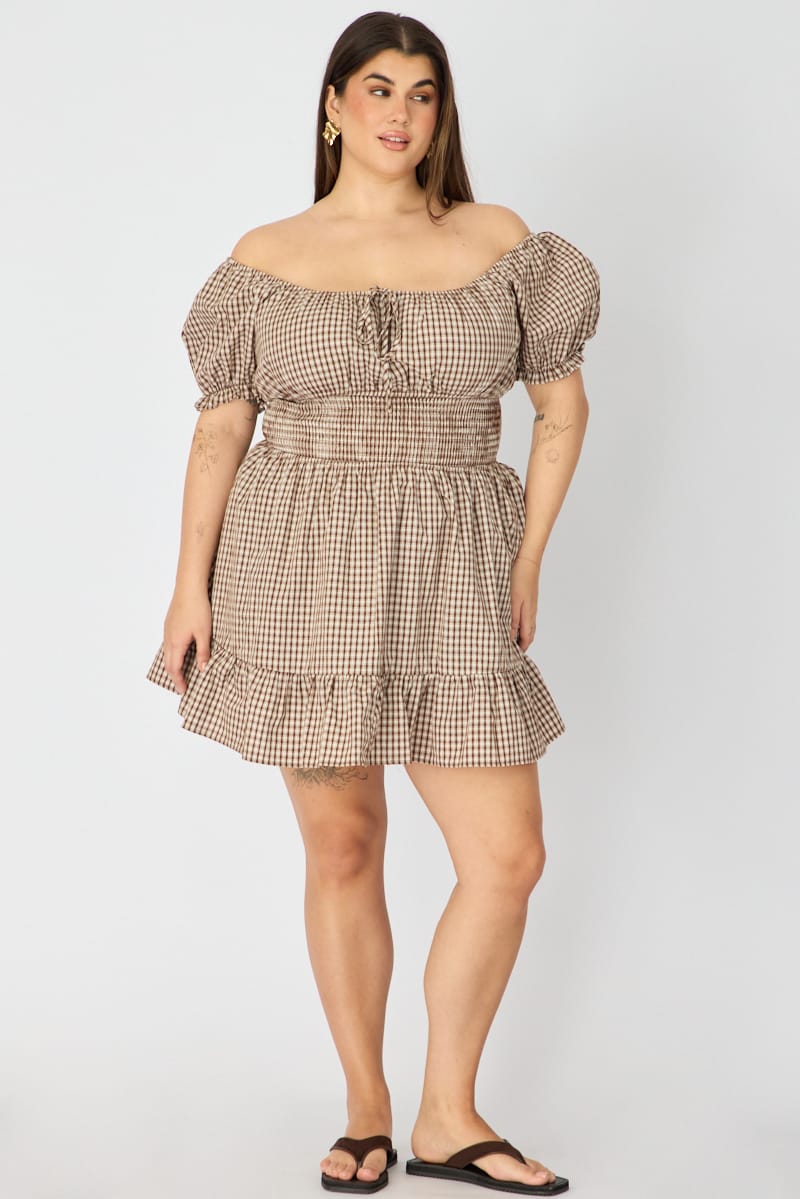Brown Check Skater Dress Short Sleeve Ruched Bust for YouandAll Fashion