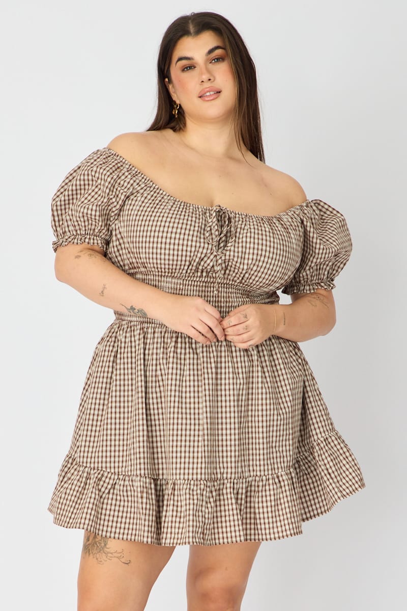 Brown Check Skater Dress Short Sleeve Ruched Bust for YouandAll Fashion