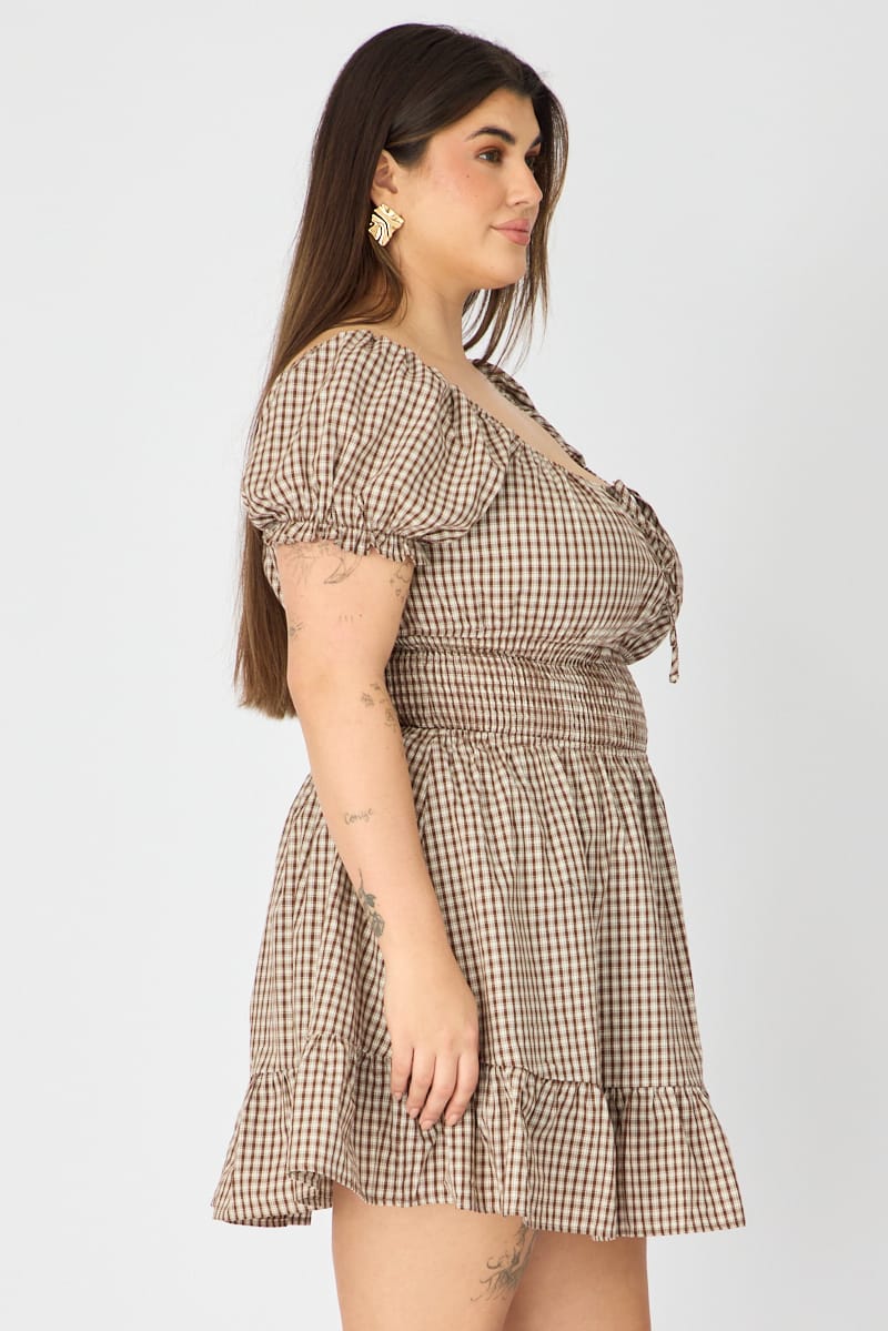 Brown Check Skater Dress Short Sleeve Ruched Bust for YouandAll Fashion