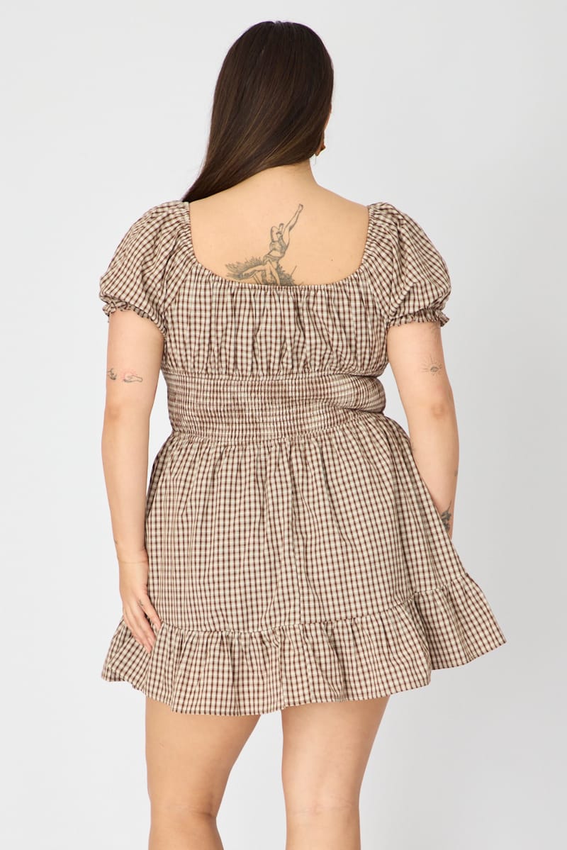 Brown Check Skater Dress Short Sleeve Ruched Bust for YouandAll Fashion
