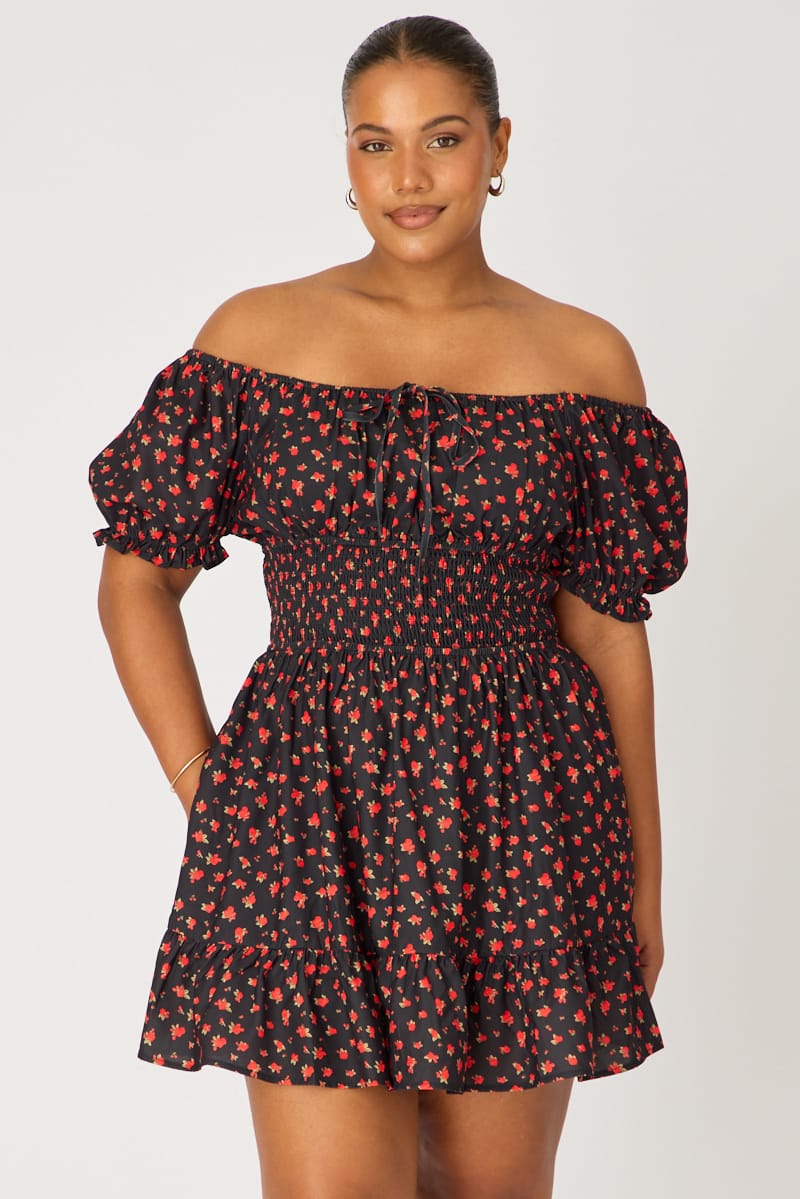 Black Ditsy Skater Dress Short Sleeve Ruched Bust for YouandAll Fashion