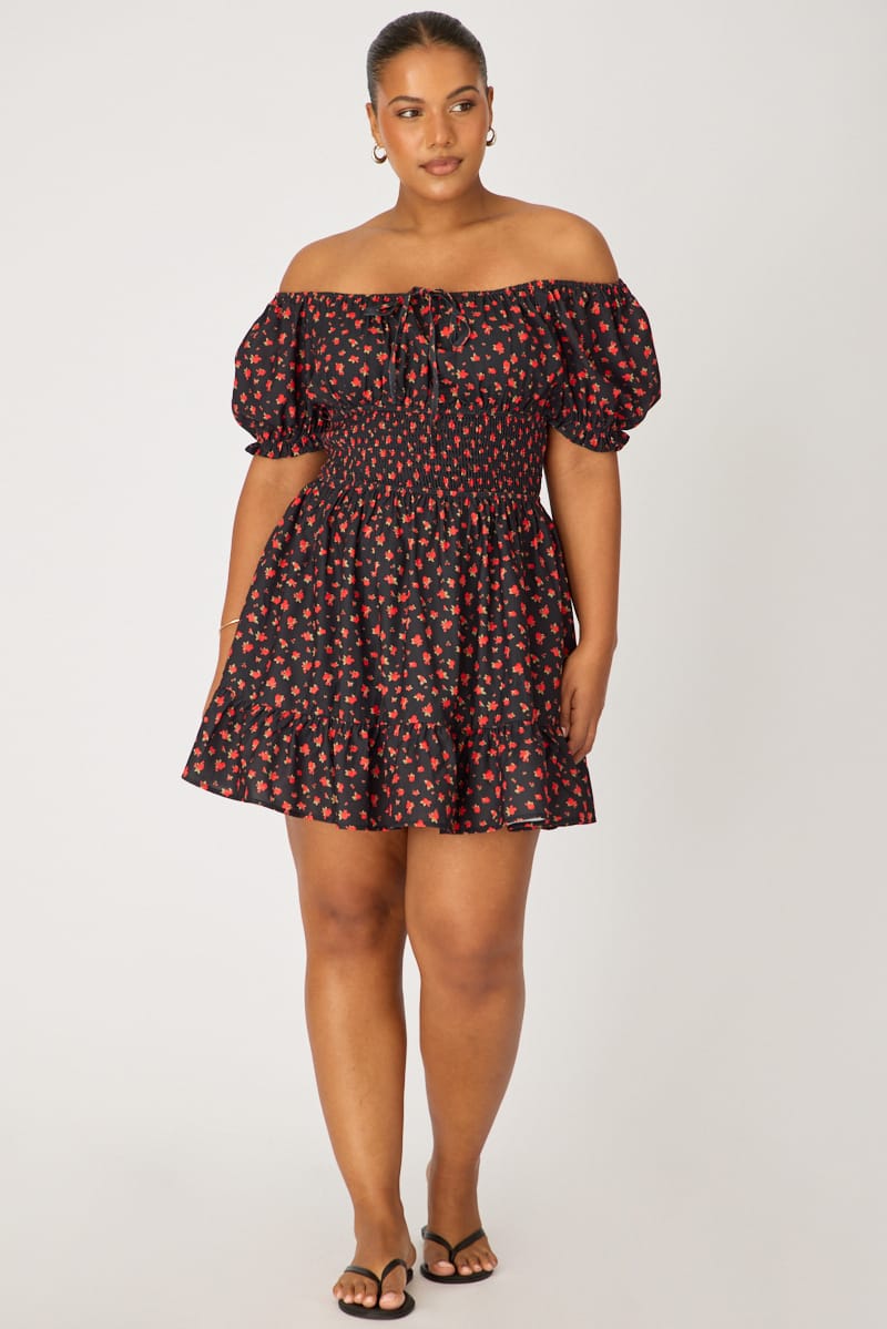 Black Ditsy Skater Dress Short Sleeve Ruched Bust for YouandAll Fashion