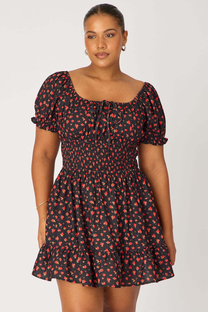 Black Ditsy Skater Dress Short Sleeve Ruched Bust for YouandAll Fashion