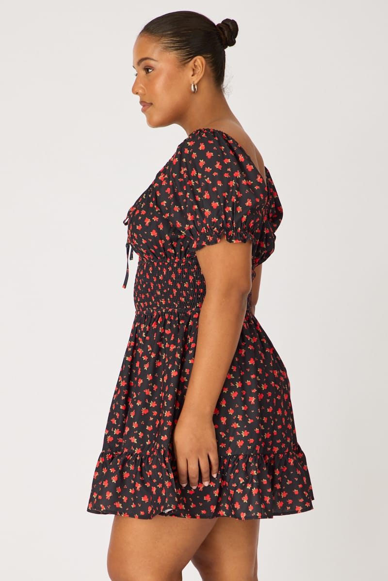 Black Ditsy Skater Dress Short Sleeve Ruched Bust for YouandAll Fashion