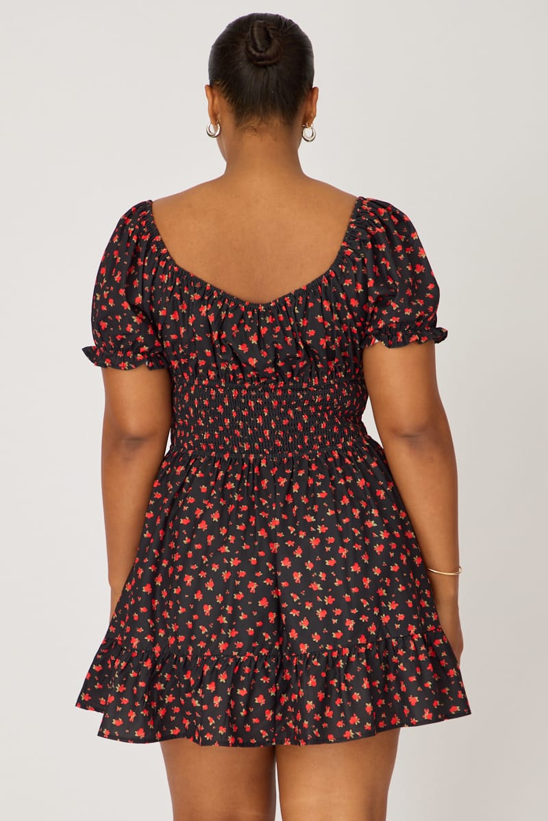 Black Ditsy Skater Dress Short Sleeve Ruched Bust for YouandAll Fashion