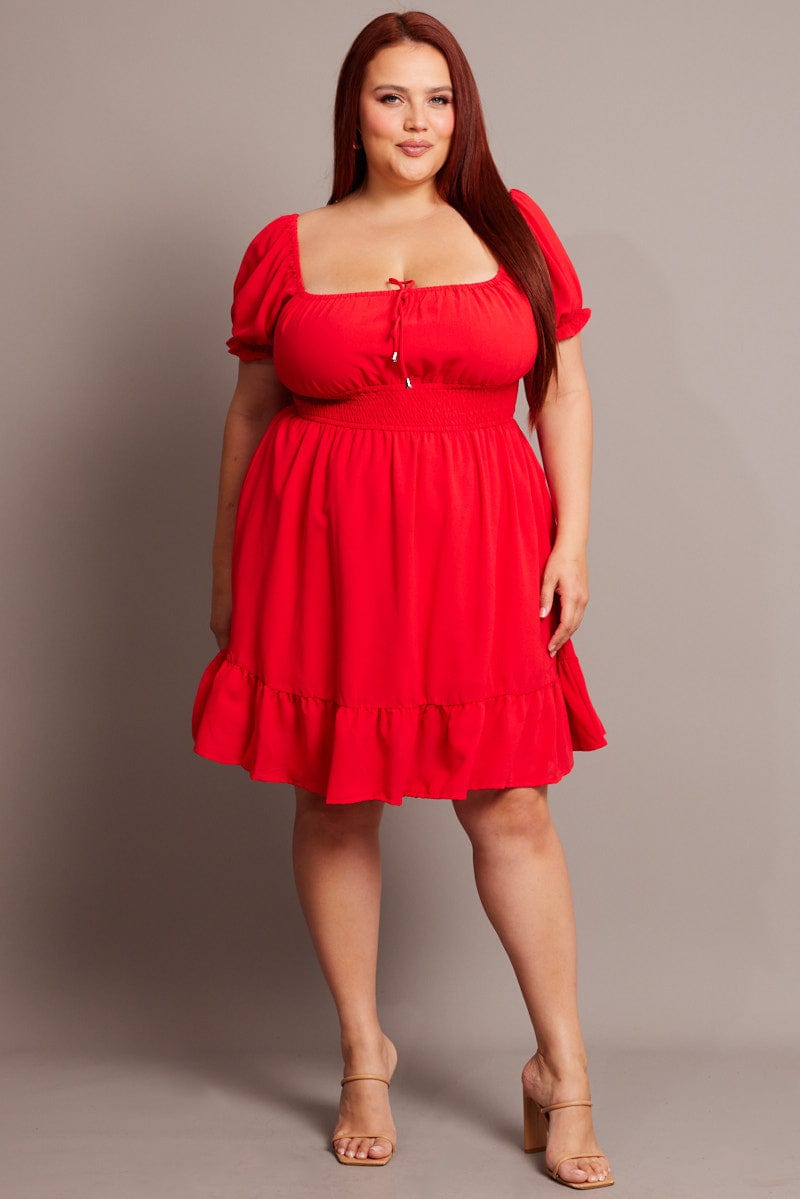 Red Gathered Bust Tie Front Shirred Waist Minidress for YouandAll Fashion