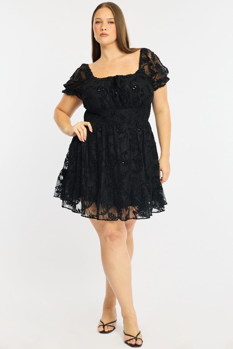 Black Skater Dress Short Sleeve Lace