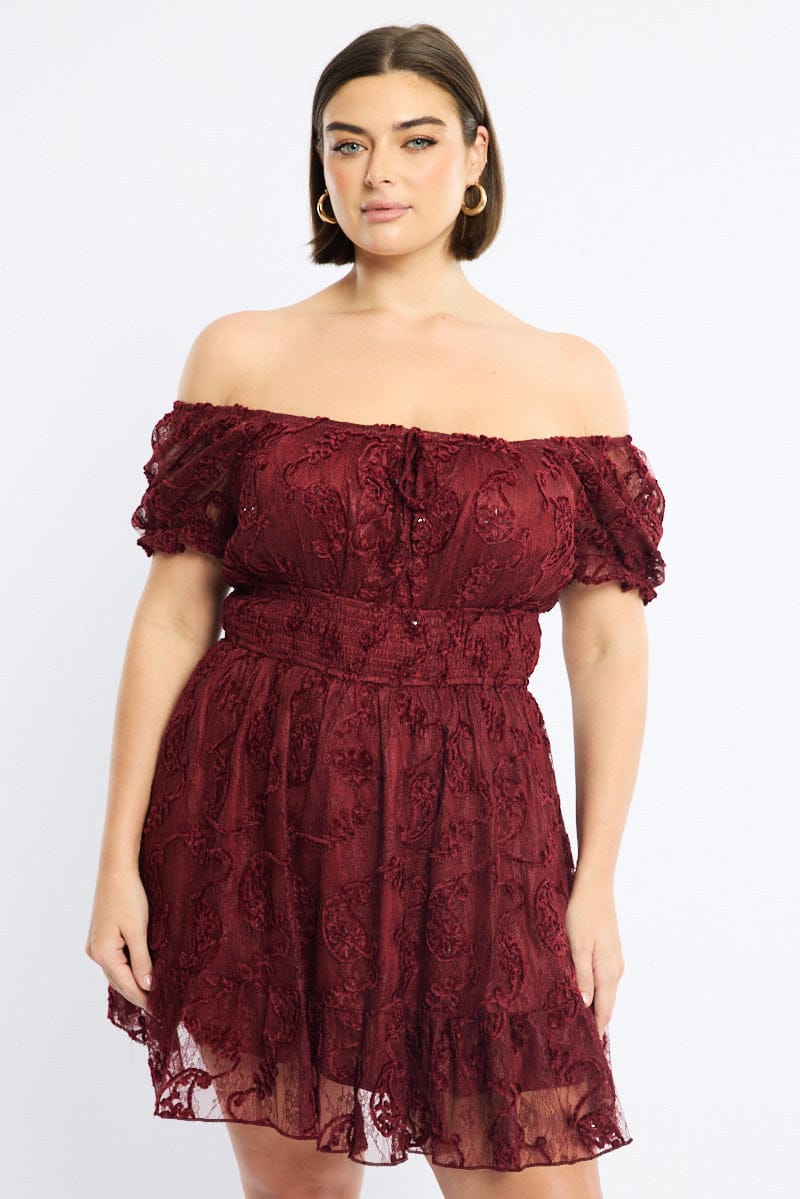 Red Skater Dress Short Sleeve Lace for YouandAll Fashion