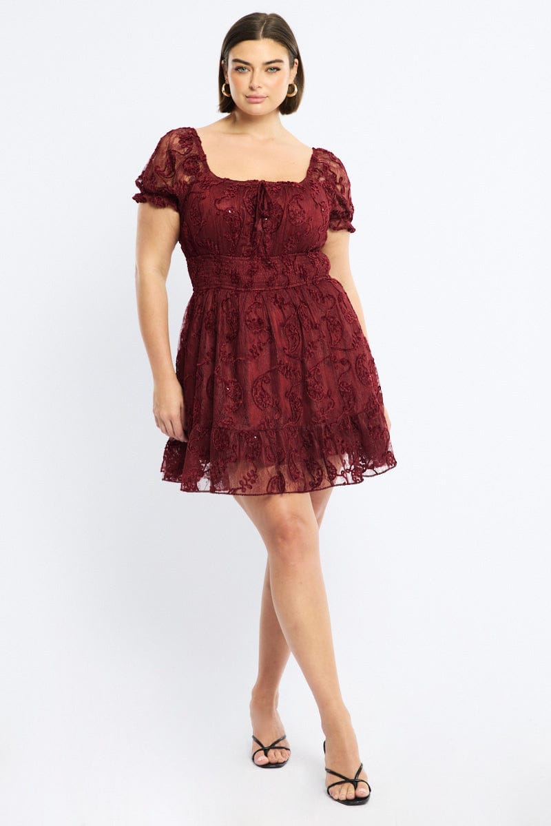 Red Skater Dress Short Sleeve Lace for YouandAll Fashion