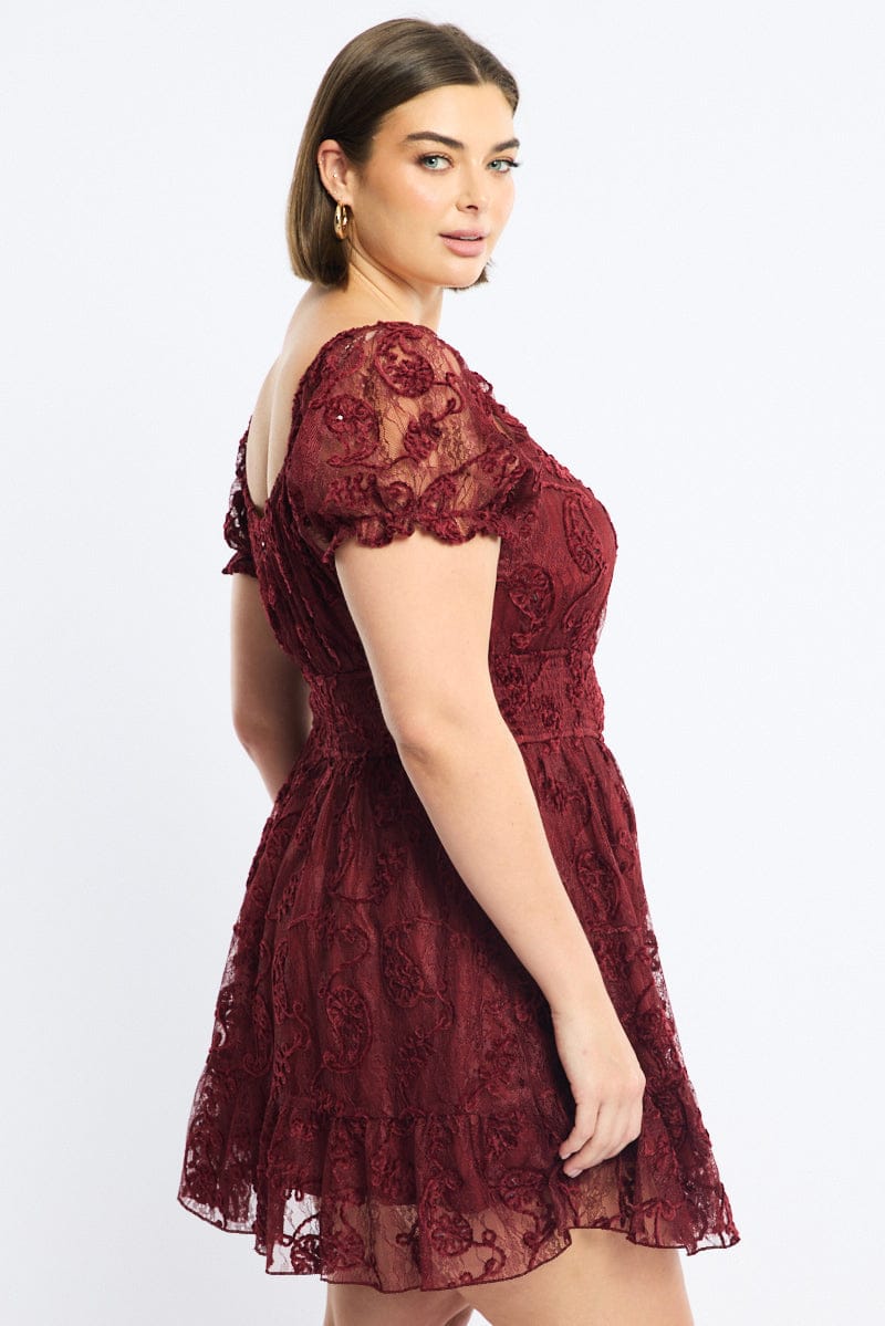 Red Skater Dress Short Sleeve Lace for YouandAll Fashion