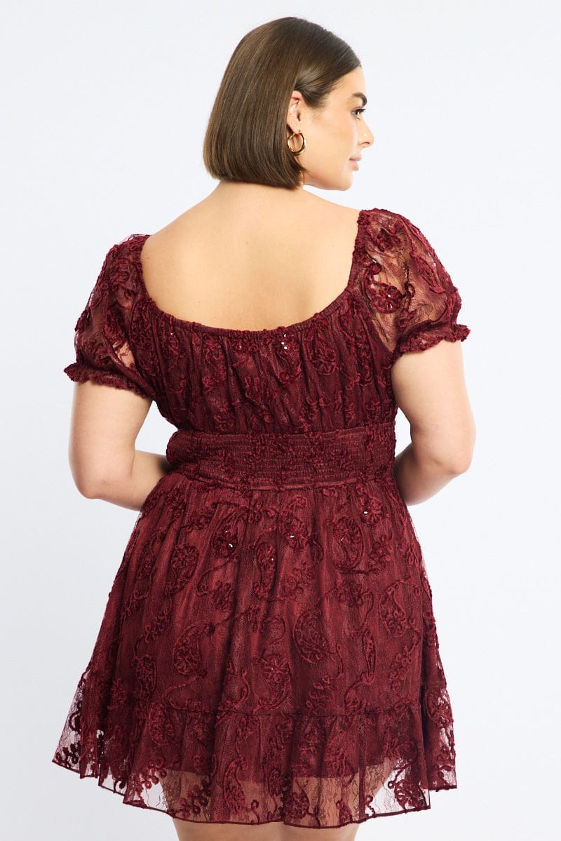 Red Skater Dress Short Sleeve Lace for YouandAll Fashion