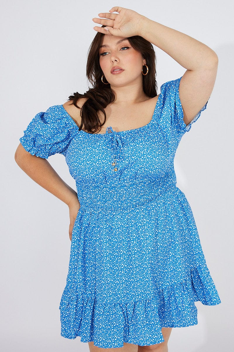 Blue Ditsy Mini Dress Puff Sleeve Gather Detail for YouandAll Fashion