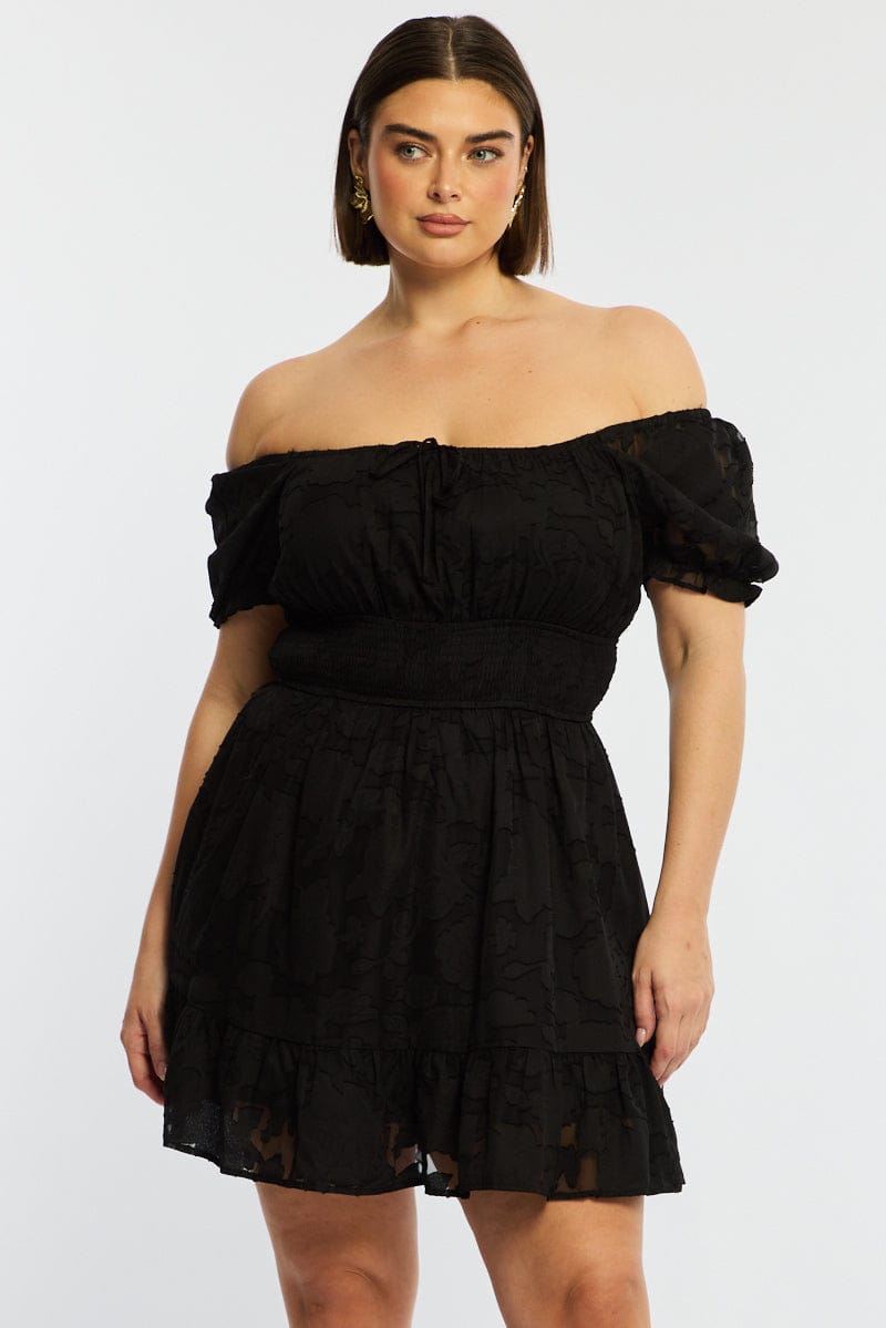 Black Skater Dress Short Sleeve Jacquard for YouandAll Fashion