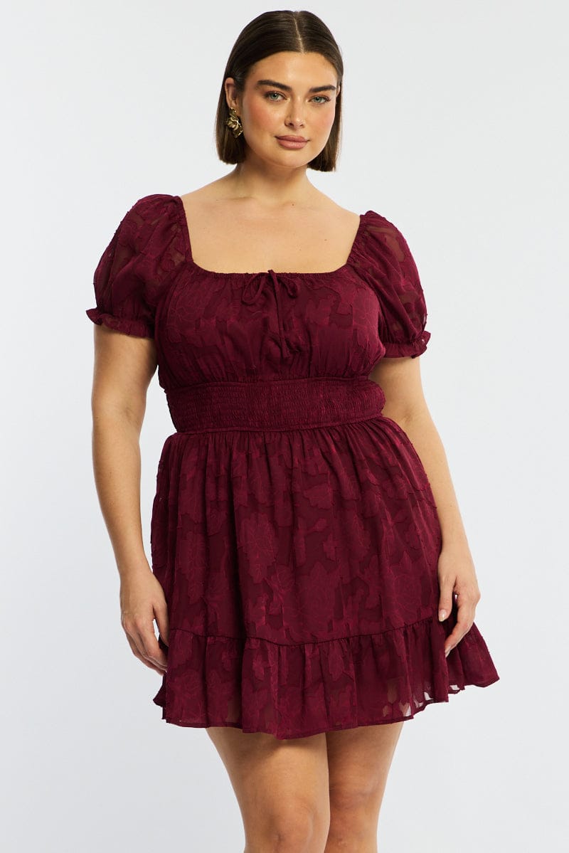 Red Skater Dress Short Sleeve Jacquard for YouandAll Fashion