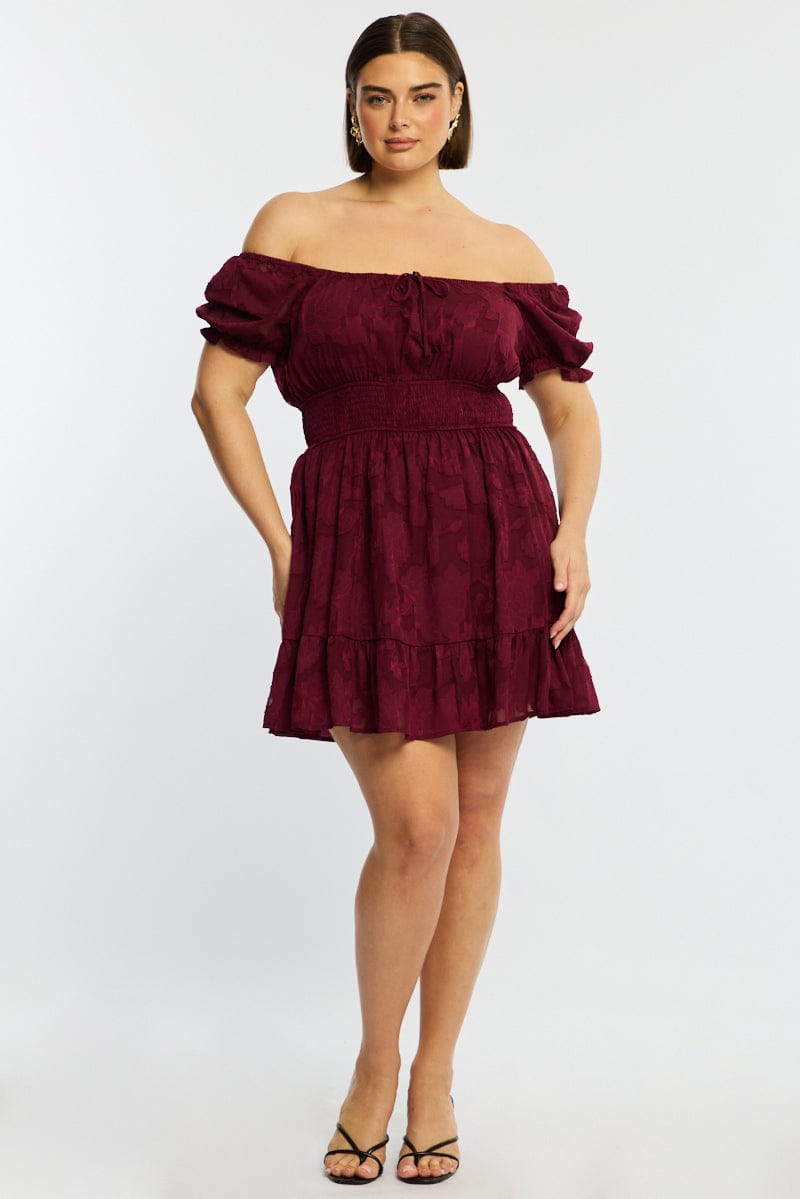 Red Skater Dress Short Sleeve Jacquard for YouandAll Fashion