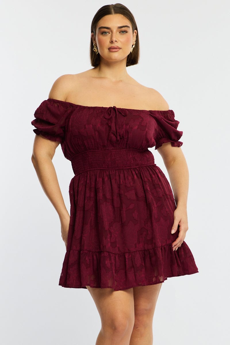 Red Skater Dress Short Sleeve Jacquard for YouandAll Fashion