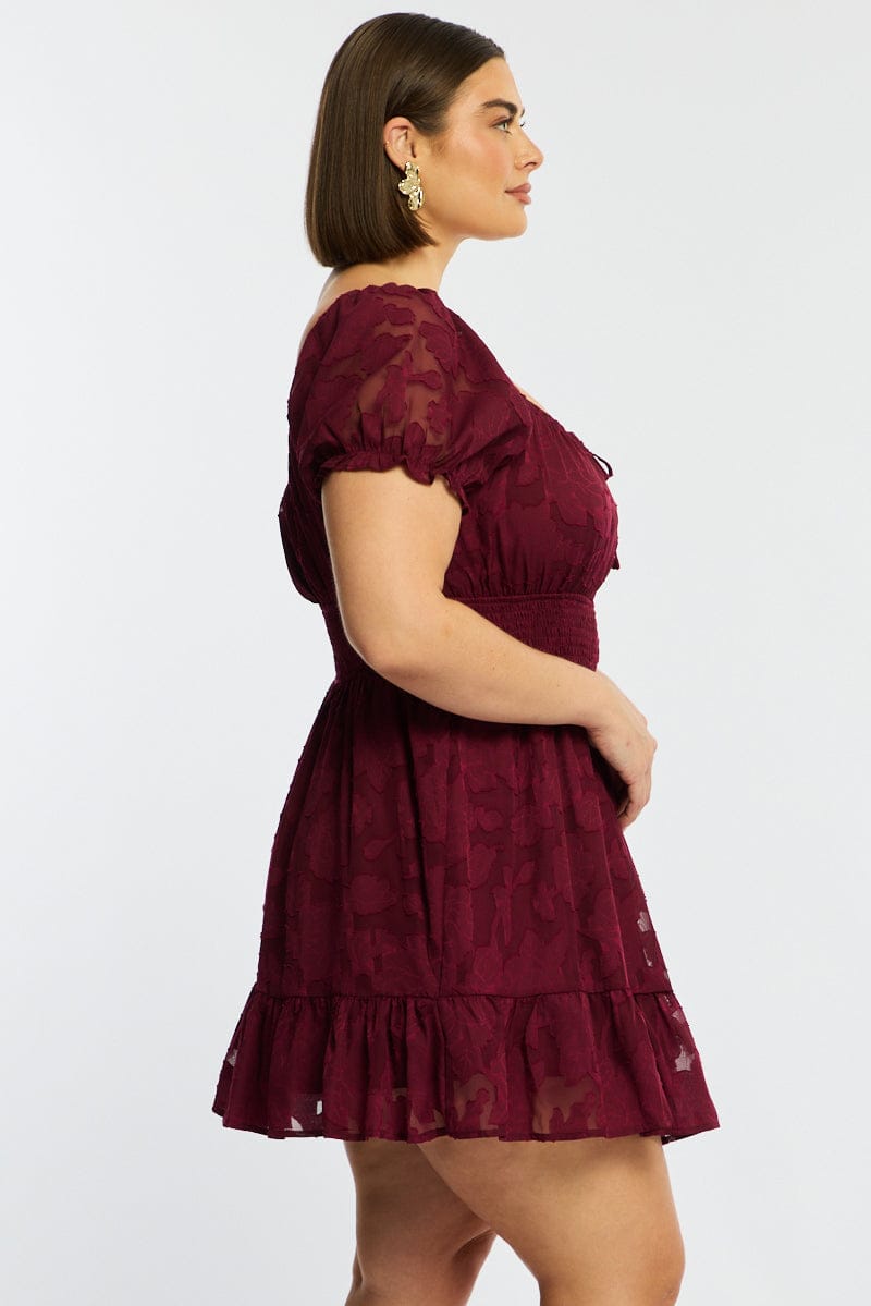 Red Skater Dress Short Sleeve Jacquard for YouandAll Fashion