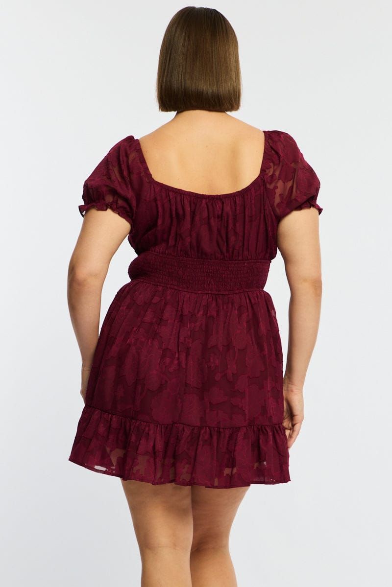 Red Skater Dress Short Sleeve Jacquard for YouandAll Fashion