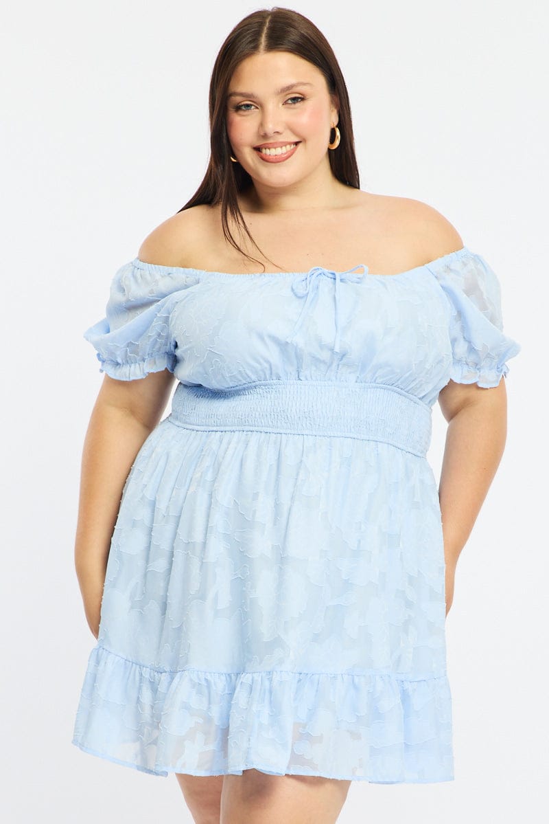 Blue Skater Dress Short Sleeve Jacquard for YouandAll Fashion