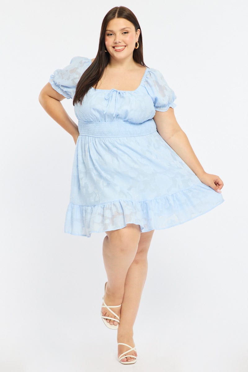 Blue Skater Dress Short Sleeve Jacquard for YouandAll Fashion