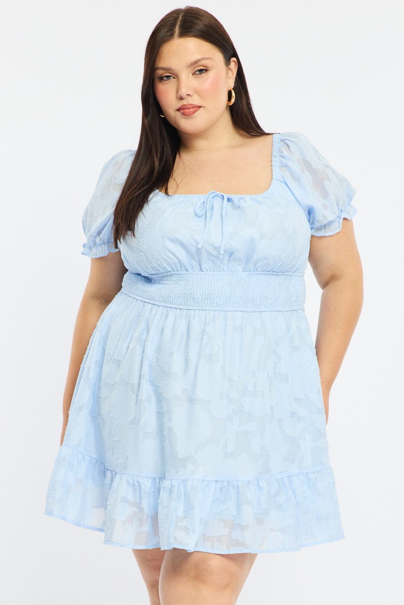 Blue Skater Dress Short Sleeve Jacquard for YouandAll Fashion