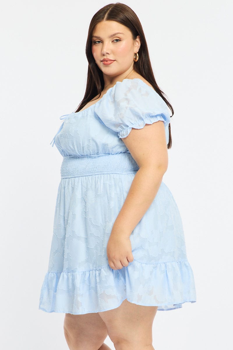 Blue Skater Dress Short Sleeve Jacquard for YouandAll Fashion
