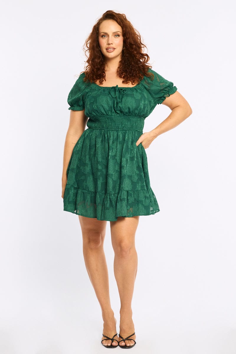 Green Skater Dress Short Sleeve Jacquard for YouandAll Fashion