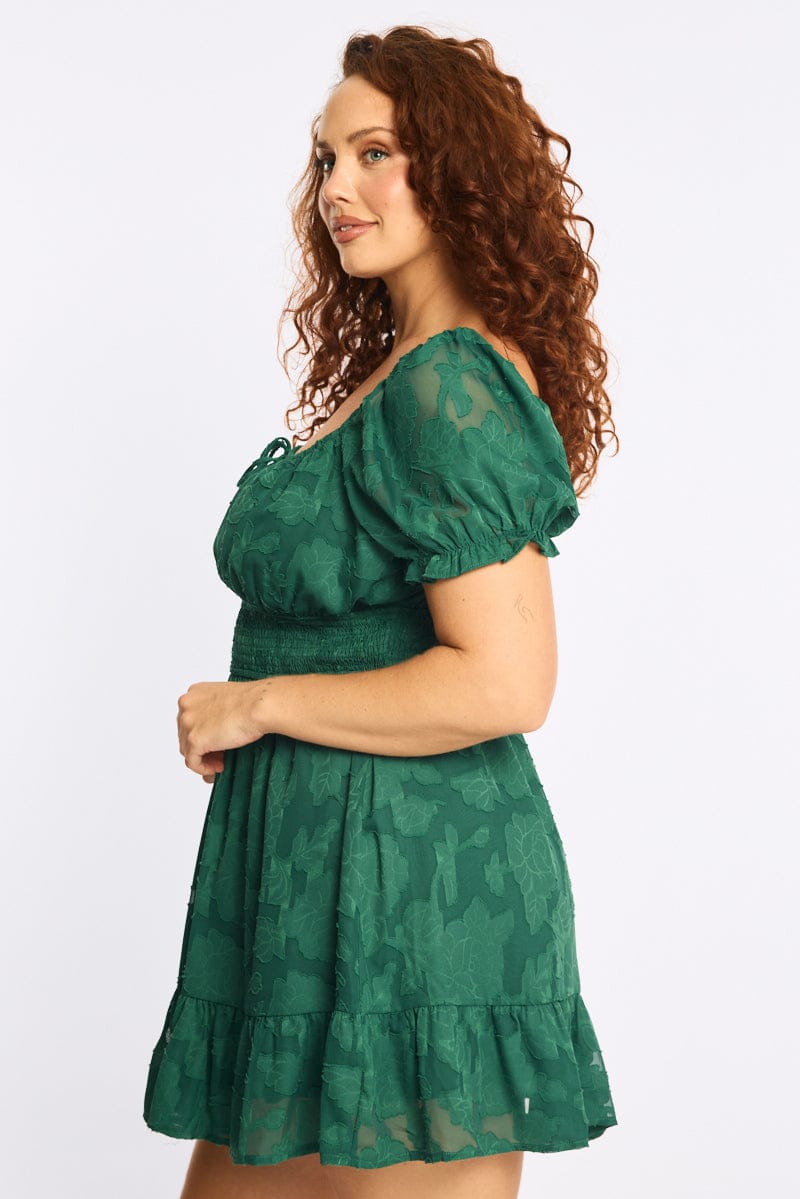 Green Skater Dress Short Sleeve Jacquard for YouandAll Fashion