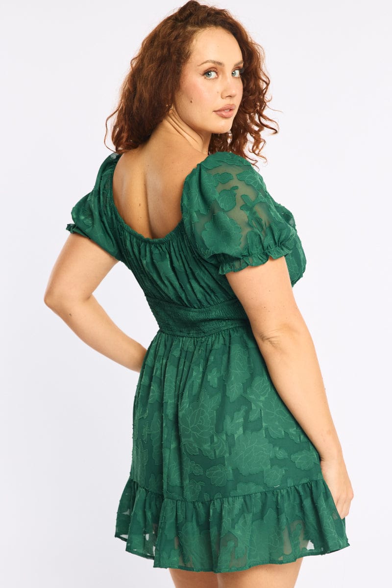 Green Skater Dress Short Sleeve Jacquard for YouandAll Fashion