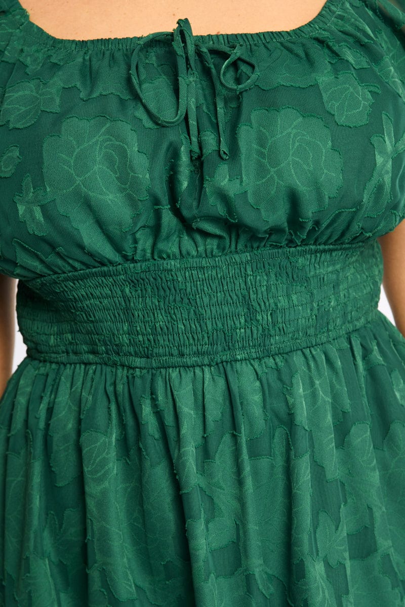 Green Skater Dress Short Sleeve Jacquard for YouandAll Fashion