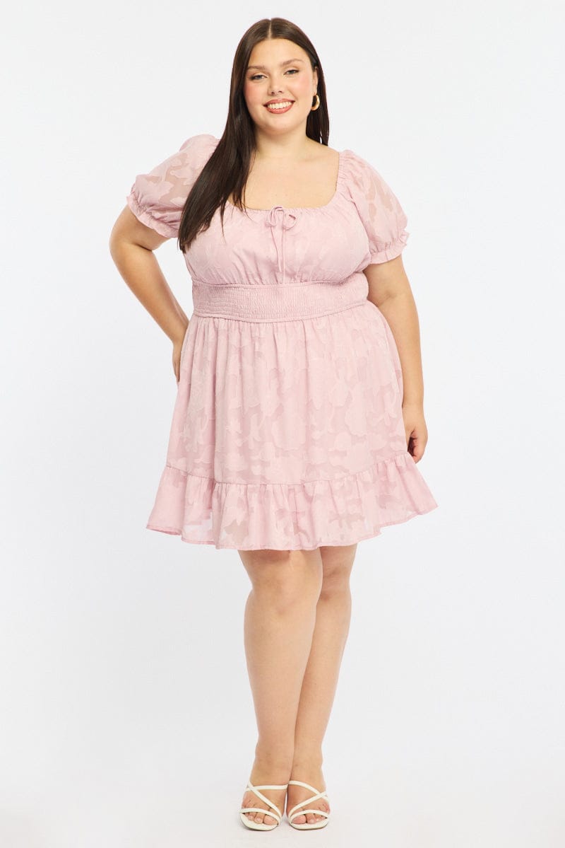 Pink Skater Dress Short Sleeve Jacquard for YouandAll Fashion