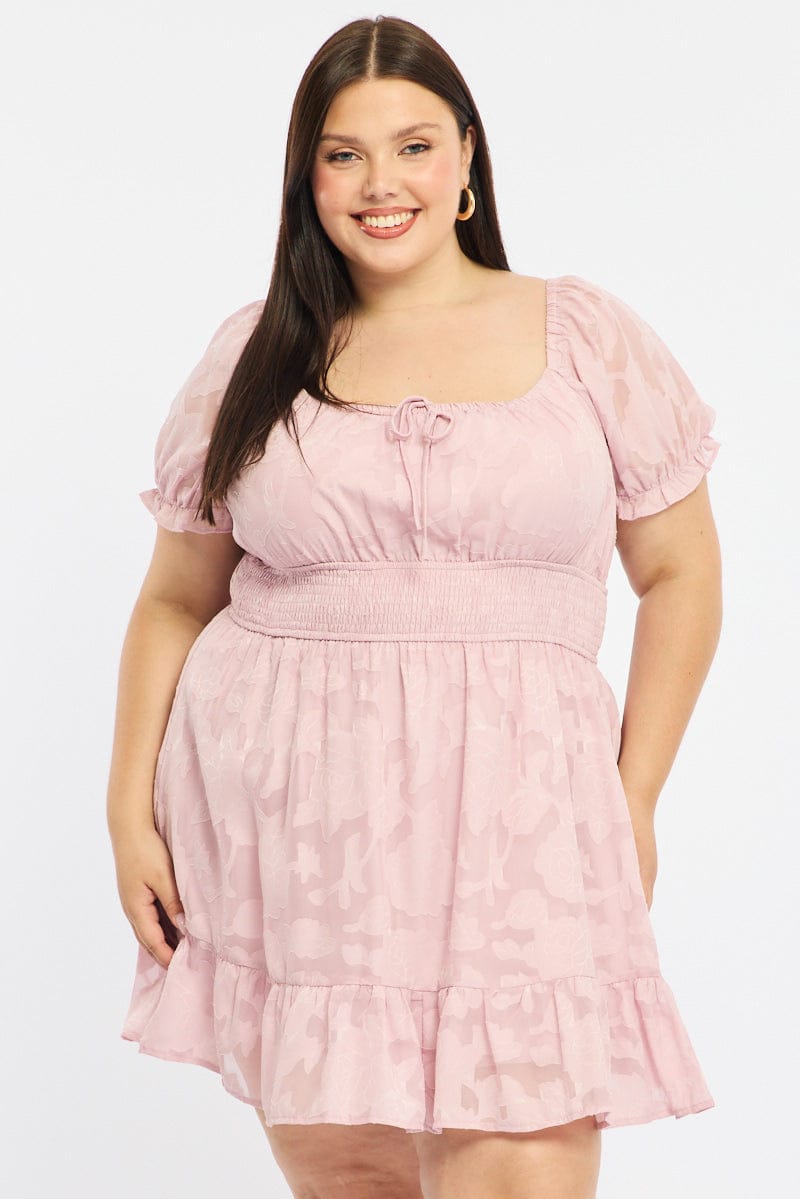 Pink Skater Dress Short Sleeve Jacquard for YouandAll Fashion