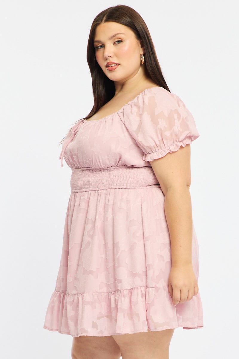 Pink Skater Dress Short Sleeve Jacquard for YouandAll Fashion