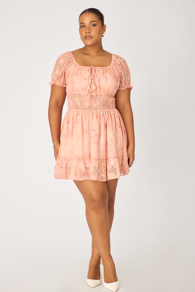 Pink Floral Skater Dress Short Sleeve Ruched for YouandAll Fashion