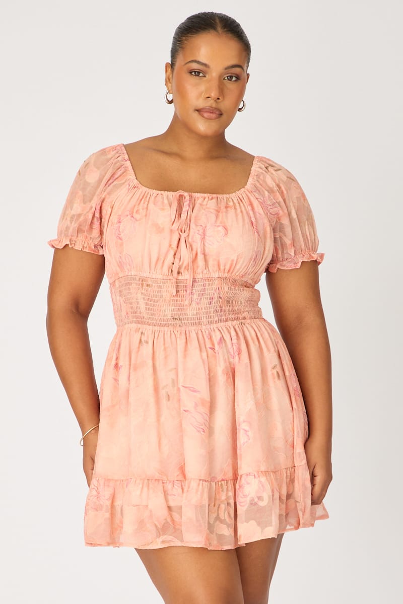 Pink Floral Skater Dress Short Sleeve Ruched for YouandAll Fashion
