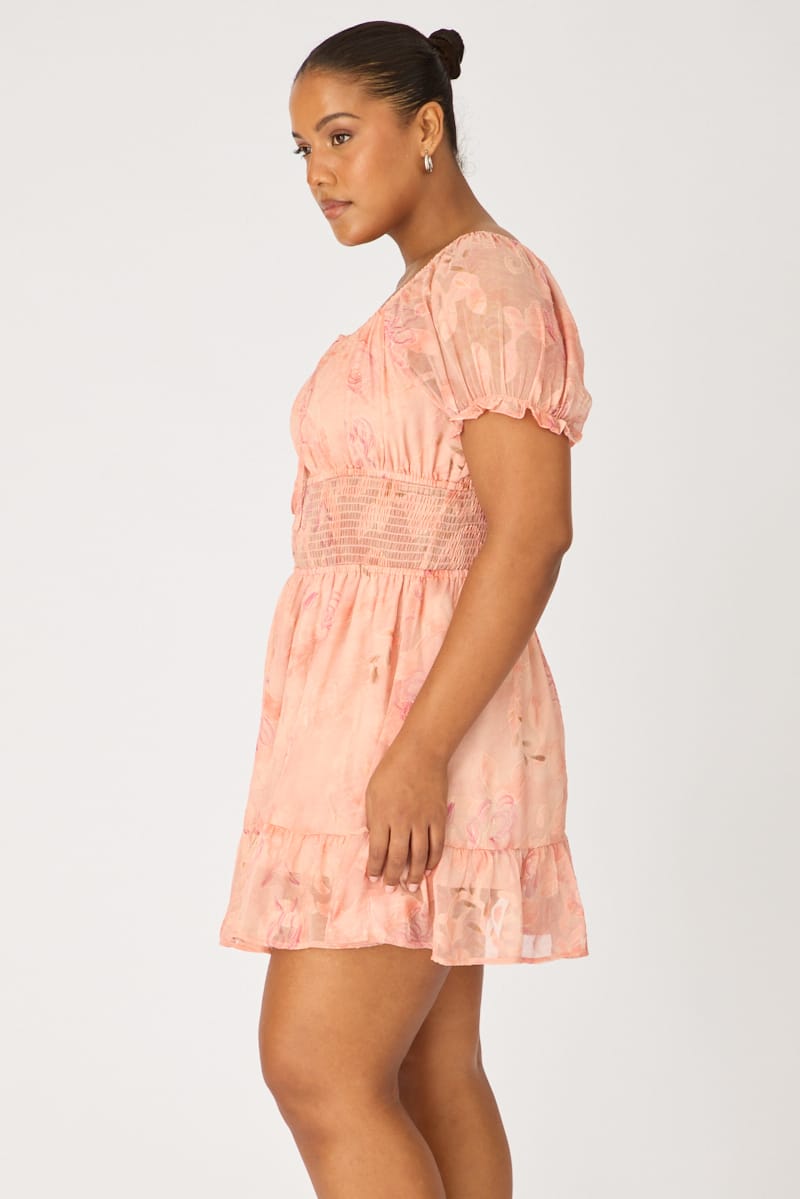 Pink Floral Skater Dress Short Sleeve Ruched for YouandAll Fashion