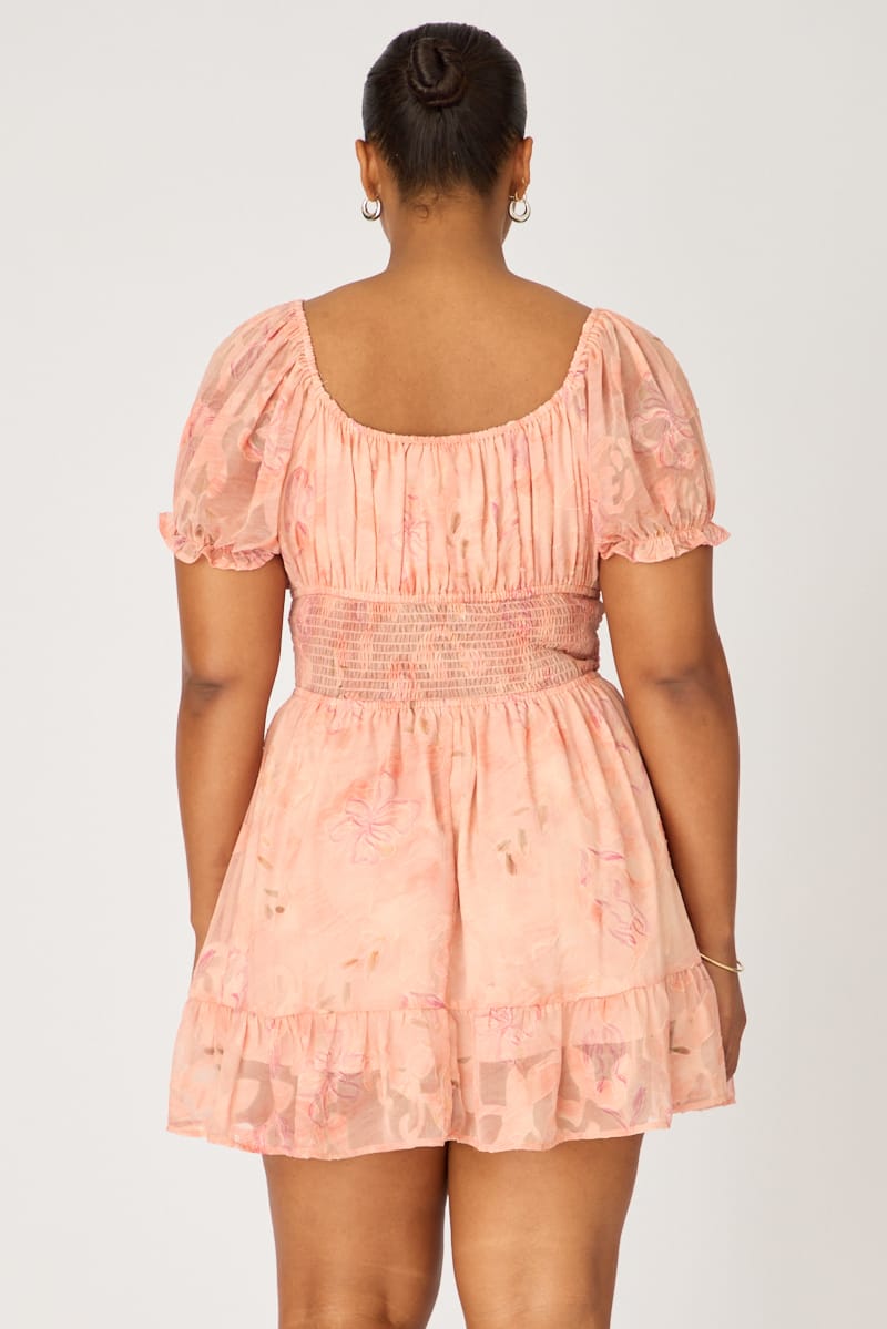 Pink Floral Skater Dress Short Sleeve Ruched for YouandAll Fashion