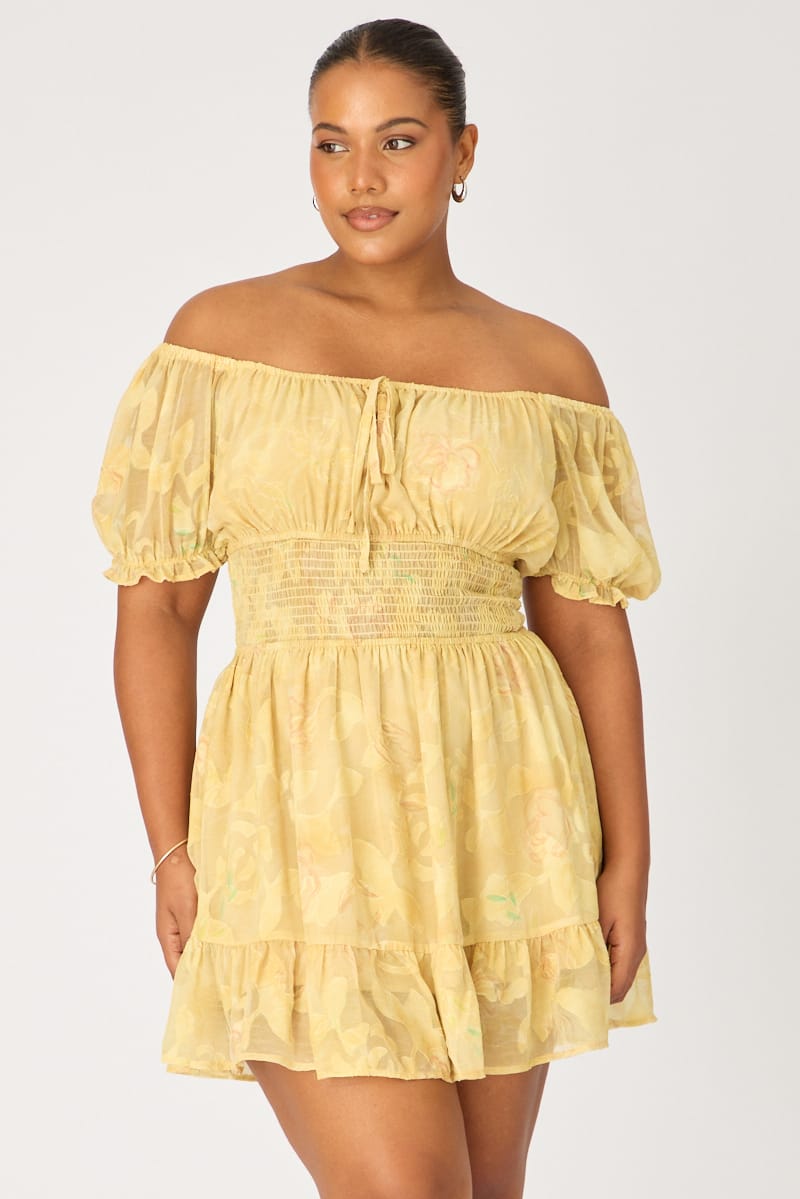Yellow Floral Skater Dress Short Sleeve Ruched for YouandAll Fashion