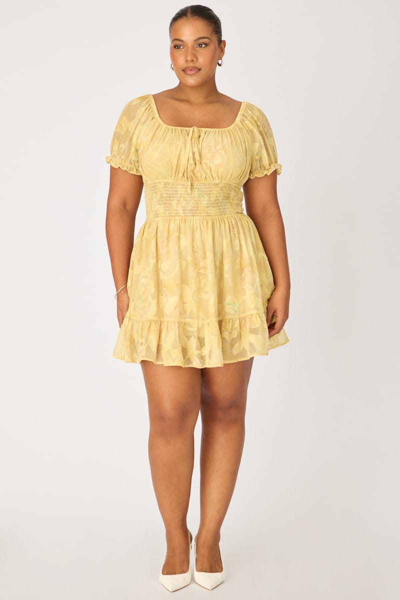 Yellow Floral Skater Dress Short Sleeve Ruched for YouandAll Fashion